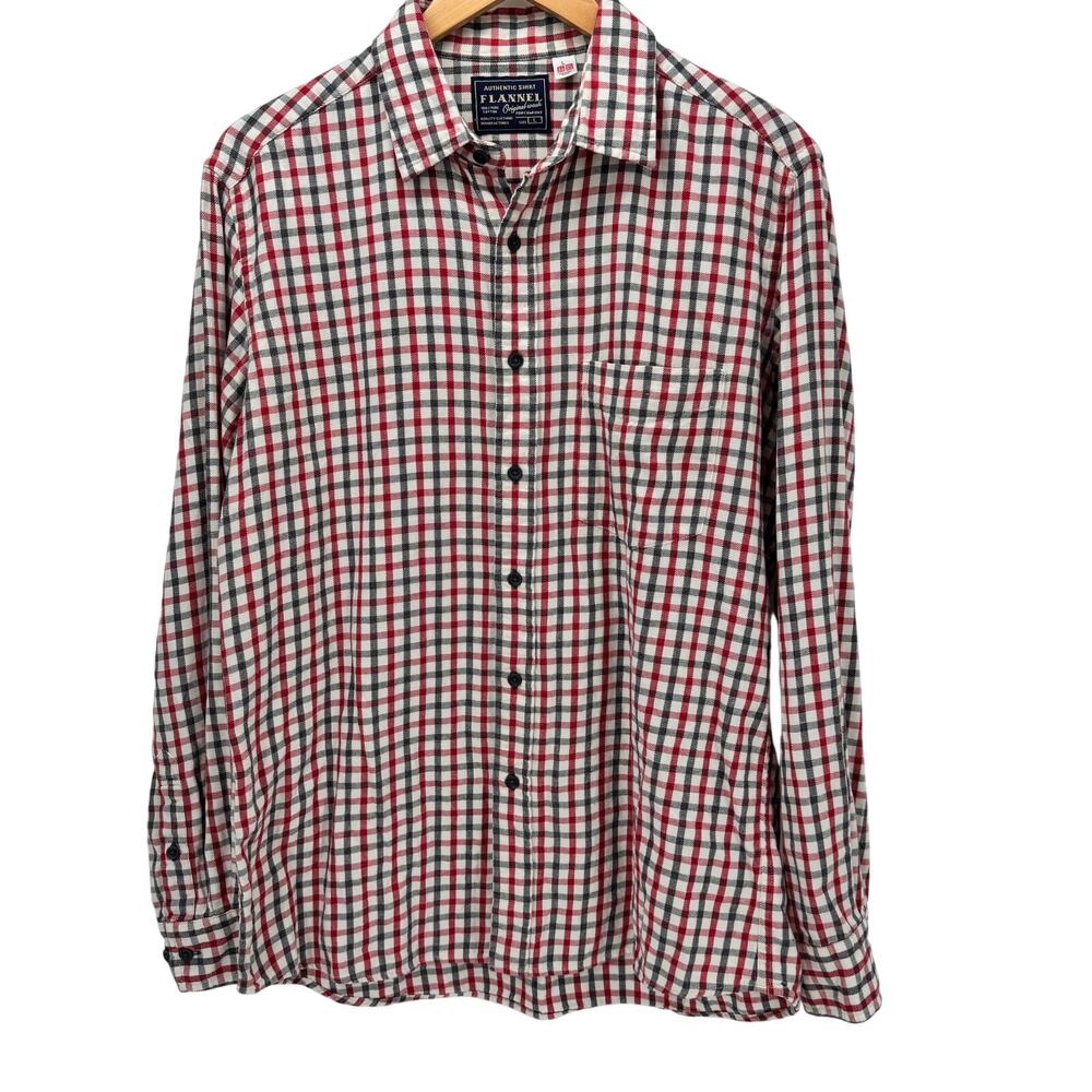 Uniqlo Flannel Shirt Mens Large‎ Red Gray Check Long Sleeve Button Up Cotton